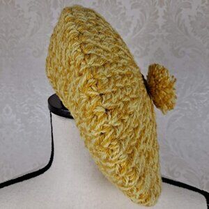 Yellow and White Crocheted Beret with PomPom Hat Cap Winter